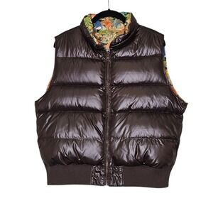 Lucky Brand Y2K 90s Reversible Down Puffer Vest Floral Asian Art Brown Womens XL